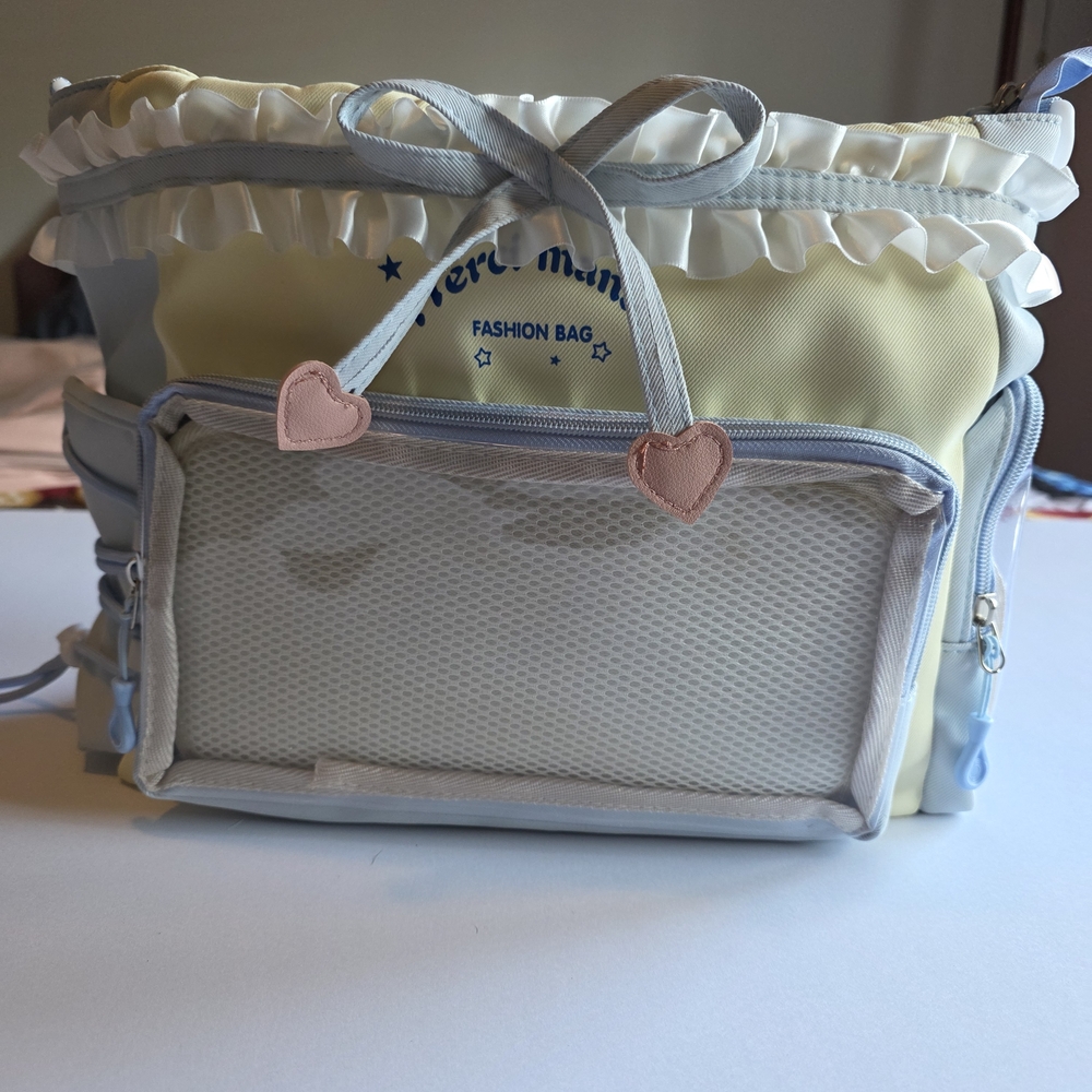 Baby Go Bag Yellow & Light Blue Ruffled Crossbody with Pink Heart Accents
